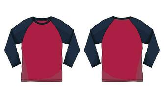 Two tone color raglan long sleeve T shirt technical drawing fashion flat sketch vector illustration template front and back views isolated on white background