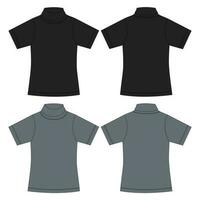 Short sleeve T shirt with stand up collar technical drawing fashion flat sketch vector illustration black and grey color template front and back views isolated on white background