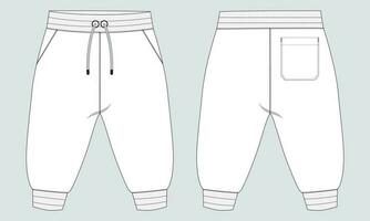 Fleece cotton jersey basic Sweat pant technical drawing fashion flat sketch template front and back views. Apparel jogger pants vector illustration mock up for kids and boys.