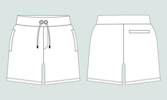 Shorts pant technical drawing fashion flat sketch template front and back views. Apparel jogger shorts vector illustration mock up for kids and boys