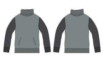 Two tone color sweatshirt with stand up collar technical drawing fashion flat sketch vector illustration template front and back views isolated on white background