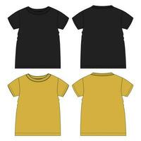 corto manga básico camiseta técnico Moda plano bosquejo vector ilustración negro y amarillo color modelo frente y espalda puntos de vista. básico vestir diseño burlarse de arriba para niños y Niños.