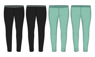 Leggings pants fashion flat sketch vector illustration black and green color template front and back view isolated on white background. Girls Long Legging mock up for Women's unisex