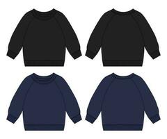 Long sleeve Sweatshirt technical drawing fashion flat sketch vector template For men's. Sweater dress design black and navy color mock up Front and back views