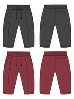 Fleece cotton jersey basic Sweat pant technical drawing fashion flat sketch template front and back views. Apparel jogger pants vector illustration grey and red color mock up for kids and boys.