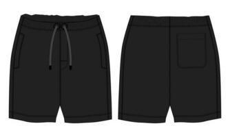 Black color Sweat shorts pant vector illustration template front and back views isolated on white background