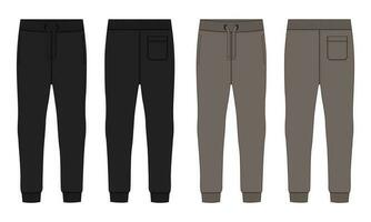 Black and Khaki color Basic Sweat pant technical fashion flat sketch template front, back views. Apparel Fleece Cotton jogger pants vector illustration drawing mock up for men's and boys.