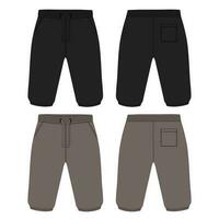 Fleece cotton jersey basic Sweat pant technical fashion flat sketch template front and back views. Apparel jogger pants vector illustration black and khaki color mock up for kids and boys.