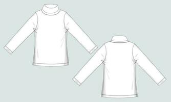 Long sleeve T shirt with stand up collar technical drawing fashion flat sketch vector illustration template front and back views isolated on Grey background