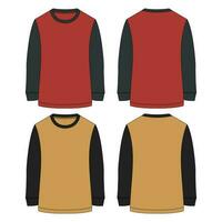 Two tone Color Long sleeve t shirt technical drawing fashion flat sketch vector illustration template front and back views isolated on white background.