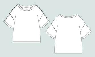 Short Sleeve with drop shoulder Ladies t shirt Technical Fashion flat sketch Vector illustration template Front and back views.