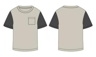 Two tone color Short sleeve t shirt technical drawing fashion flat sketch vector illustration template front and back views