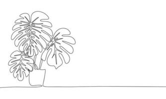 Monstera deliciosa in pot. One line continuous houseplant in pot. Line art plant monstera in pot. Outline vector illustration.