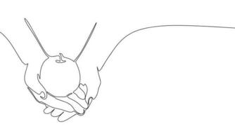 One continuous line illustration of apple in hands. Continuous line drawing of apple in hand. Vector illustration.