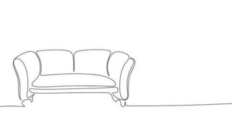 Cozy sofa as one line drawing banner. Continuous hand drawn minimalist minimalism design isolated on white background vector illustration.