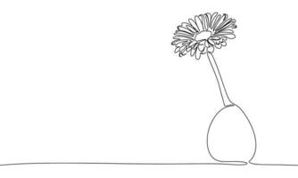 Flower in vase. One line continuous gerbera flower in vase. Line art beautiful flower in vase. Outline vector illustration.