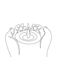 Two hand and candle. One line continuous candle in hand. Line art little candle in hand. Outline vector illustration.