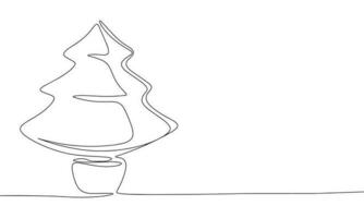 One continuous line illustration of spruce in pot. Continuous line drawing of fir tree, Christmas tree in pot. Vector illustration.