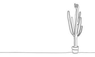 Cactus in pot as one line drawing banner. Continuous hand drawn minimalist minimalism design isolated on white background vector illustration.