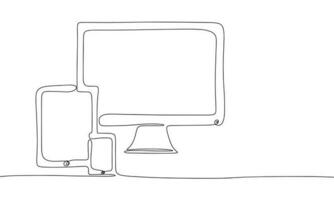 uno continuo línea ilustración de digital dispositivo con mostrar. continuo línea dibujo de monitor, teléfono, tableta. vector ilustración.