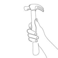 Hammer in hand as one line drawing banner. Continuous hand drawn minimalist minimalism design isolated on white background vector illustration.