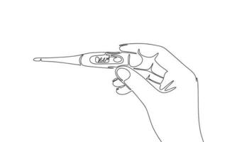 Hand with thermometer showing 36.6. One line continuous normal temperature. Line art electronic thermometer. Outline vector illustration.