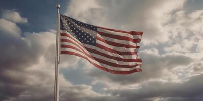 americano bandera ondulación en el viento en contra un Tormentoso cielo con ai generado. foto
