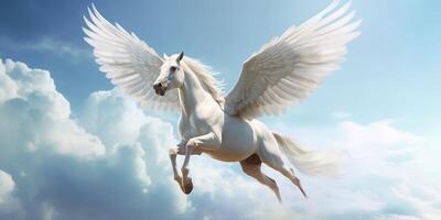 blanco caballo con alas volador en el azul cielo con ai generado. foto