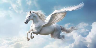 White horse with wings flying in the blue sky with . photo