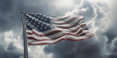 americano bandera ondulación en el viento en contra un Tormentoso cielo con ai generado. foto