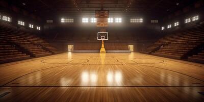 Stadium basketball court with wood floor and bleachers with . photo