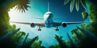The passenger aircraft is flying above the tropical palm trees with . photo
