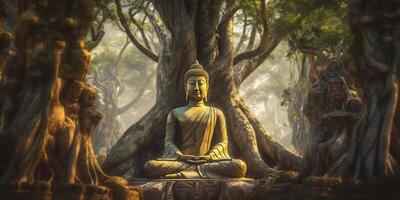 The ancient buddha statue in the forest with . photo