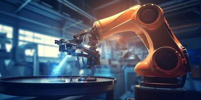 The arm robot is working in the factory with . photo