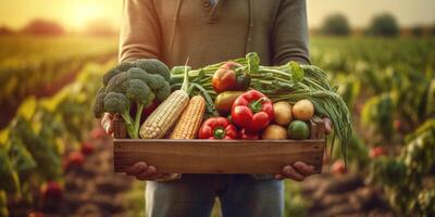 The farmer is holding the wooden box with . photo