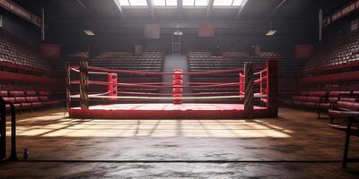 Red boxing ring in an empty arena with . photo