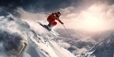 el esquiador es saltando desde el nieve con ai generado. foto