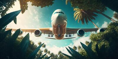 The passenger aircraft is flying above the tropical palm trees with . photo