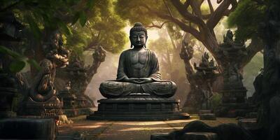 The ancient buddha statue in the forest with . photo
