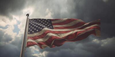 americano bandera ondulación en el viento en contra un Tormentoso cielo con ai generado. foto