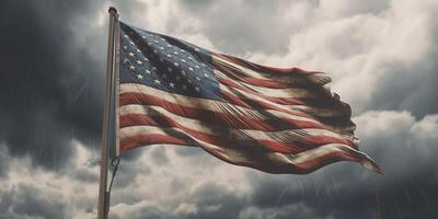 American flag waving in the wind against a stormy sky with . photo