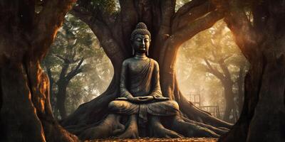 The ancient buddha statue in the forest with . photo