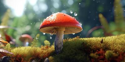 Mushroom with raindrops in the forest with . photo