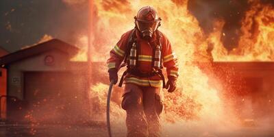 The fireman is using water and extinguisher with . photo