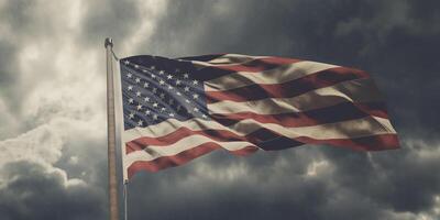 americano bandera ondulación en el viento en contra un Tormentoso cielo con ai generado. foto