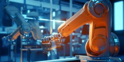 The arm robot is working in the factory with . photo