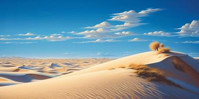 Desierto arena dunas debajo azul cielo con nubes con ai generado. foto