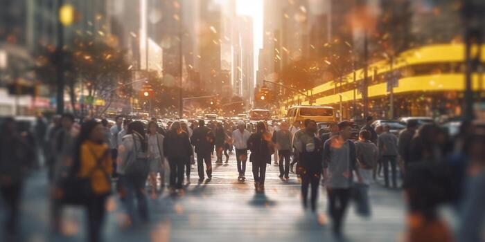 The crowd of people are walking in the street with . photo