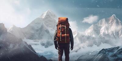 The closeup view of a man with backpack who stand in front of high mountain with . photo