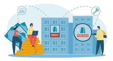 Mortgage concept. Person holding magnifying glass to find apartment for rent or sale. Choosing offer vector